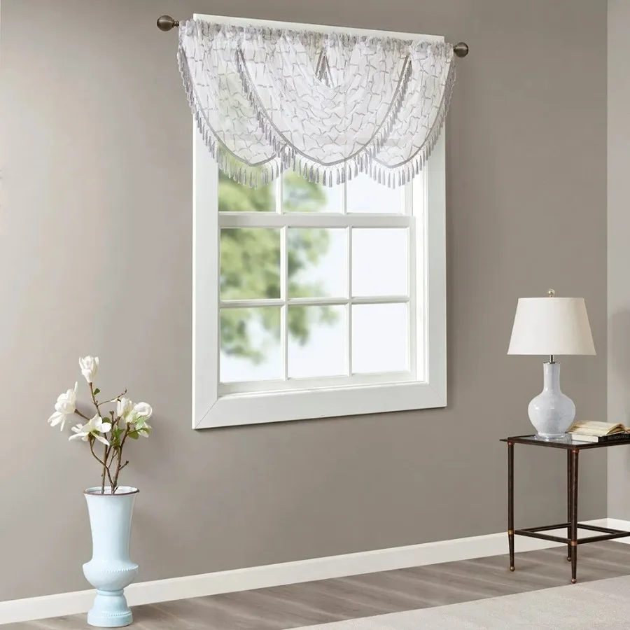 

Diamond Sheer Embroidered Waterfall Valance White Grey 38x46"