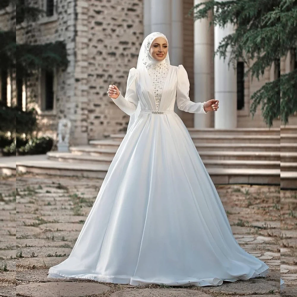 

Modest Muslim Wedding Dresses High Neck Long Sleeve A Line Satin Church Bride Dress Beading Sweep Train Bridal Gown Customized