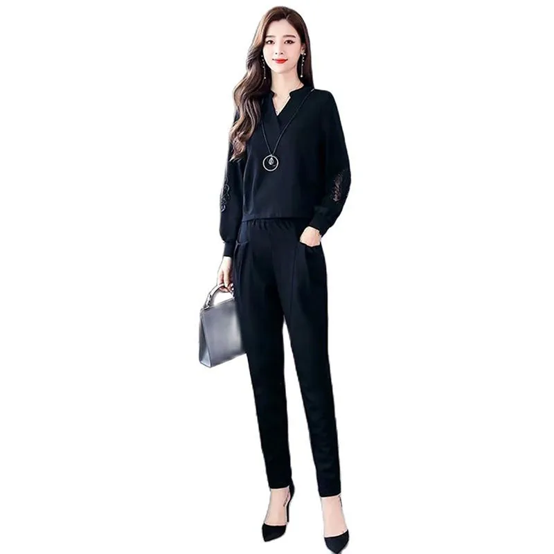 

Women Pants 2-Piece Set 2022 Female Spring Summer Suit Lady V-neck Tops+Casual pants Two-Piece Suit Female Profession Suit C