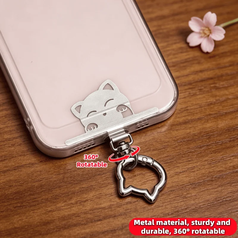 4pcs 360° Rotatable Cartoon Cat Stainless Steel Connector, With Spring Buckle, Hanging Ring Buckle For Connecting Mobile Phones.
