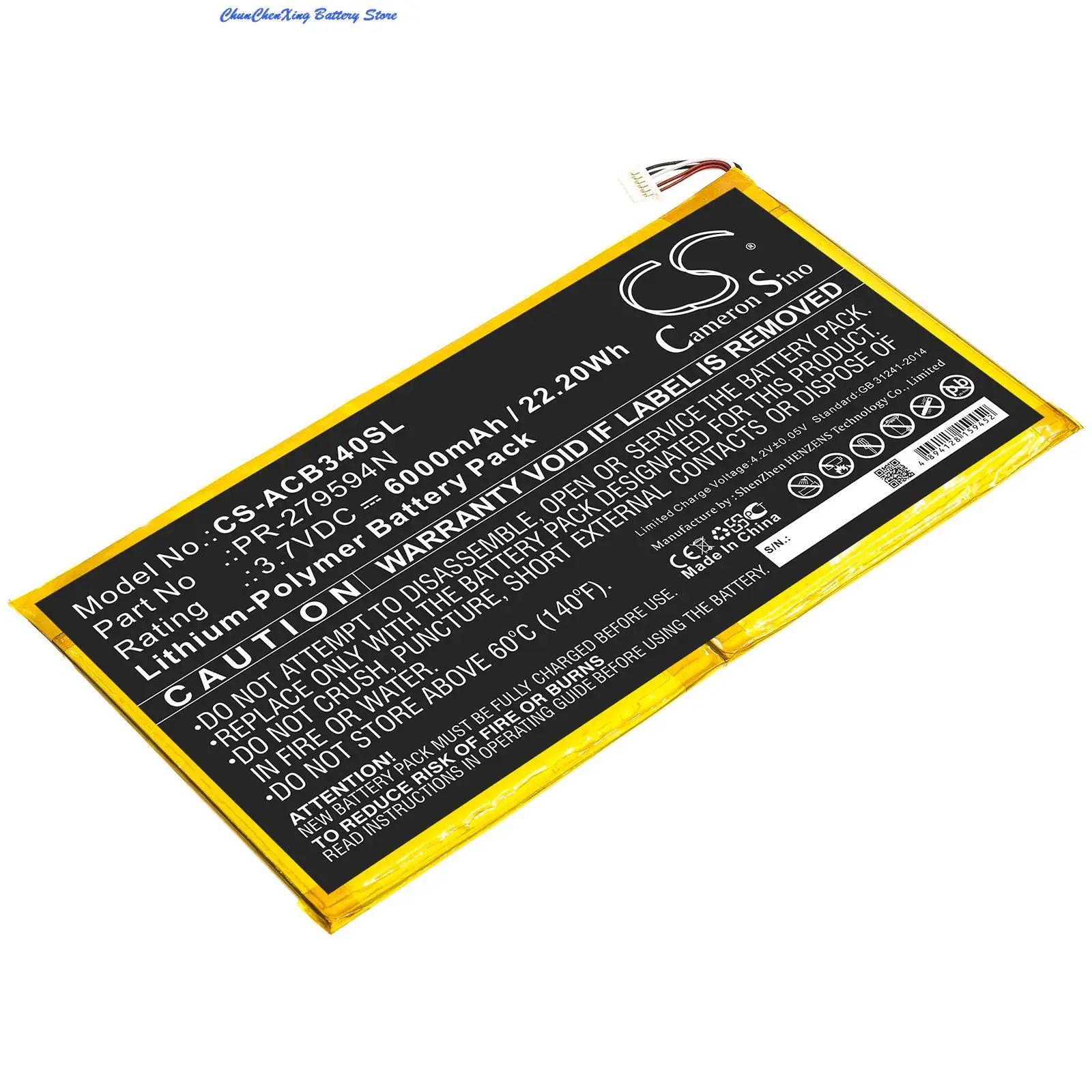 Cameron Sino  6000mAh battery PR-279594N for Acer Iconia One 10 B3-A40, NOTE: For 6 Pin Connector Version