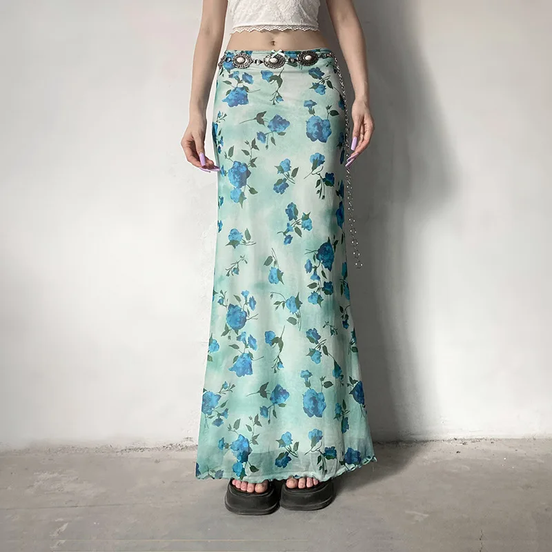 Printed Mesh Half-length Skirt for Women Summer New Style Slimming Little Bow Spliced Long Skirt Low Waist Hip Skirt