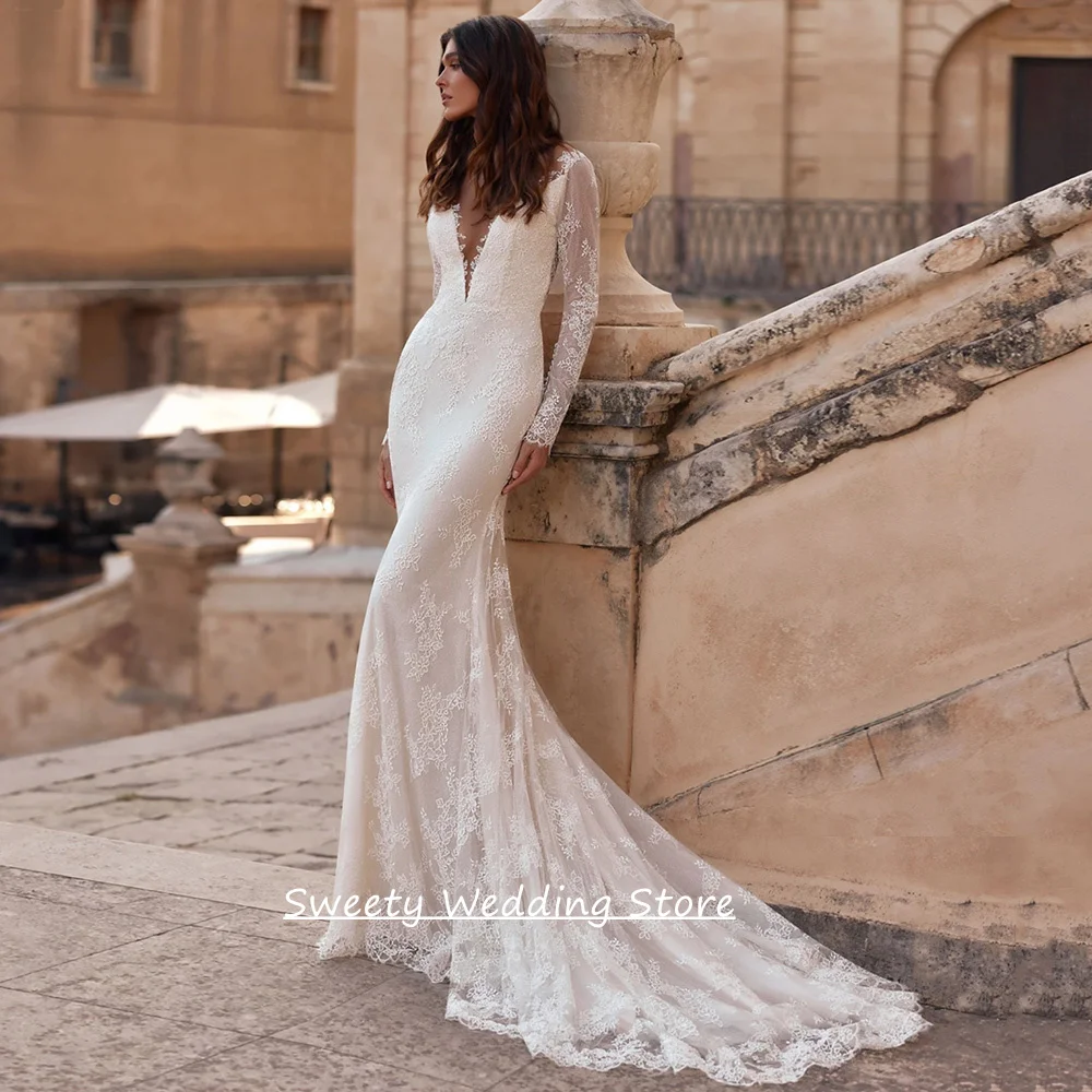 

Lace Mermaid Wedding Dress Customized Long Sleeve V Neck Exquisite Lace Bridal Gown Sweep Train Illusion Back Bride Dresses