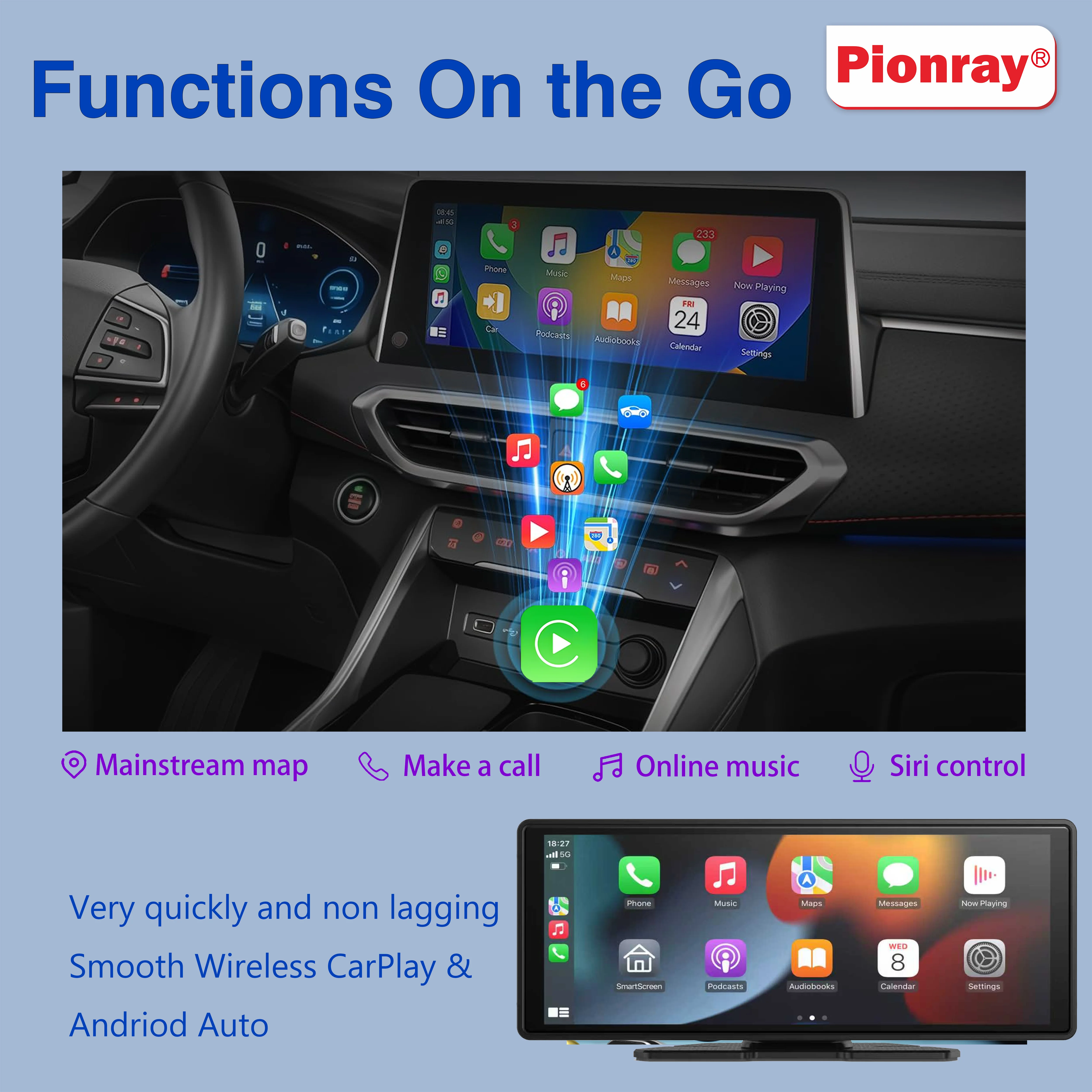 شاشة Carplay اللاسلكية المحمولة للسيارة 10.26 بوصة Carplay وAndroid Auto Car Touch Stereo، مع كاميرا داش وكاميرا احتياطية