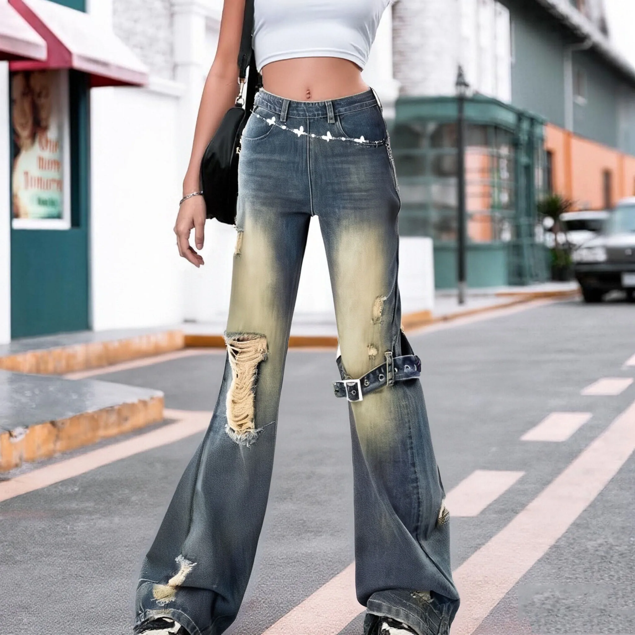 Damskie jeansy vintage w kolorze niebieskim, luźne, z dziurami, w stylu Y2k, japońskie, z lat 2000., lat 90., Harajuku, dżinsowe spodnie, streetwear, estetyczne spodnie, ubrania w stylu trashy.