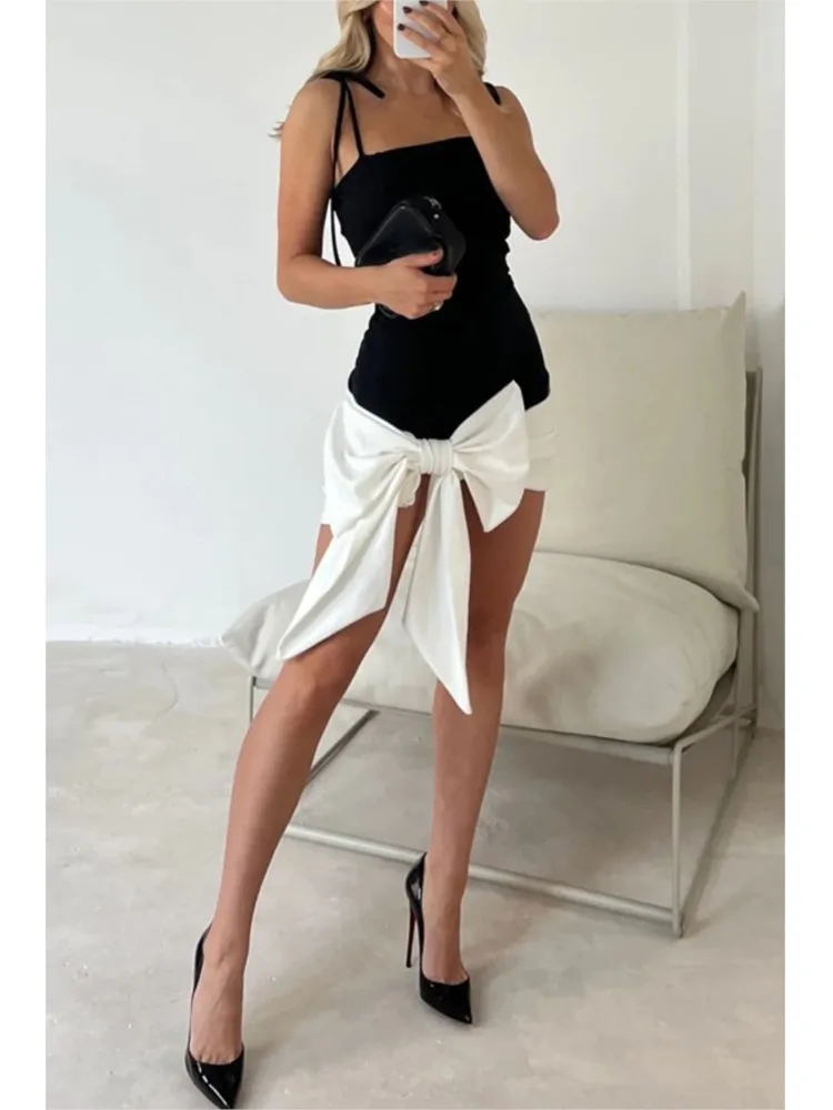 

Summer Sexy Hot Girl Suspender Dress Women's Slim Slimming Tie Bow Sleeveless Mid-waist Solid Color Dress Party Mini Dresses