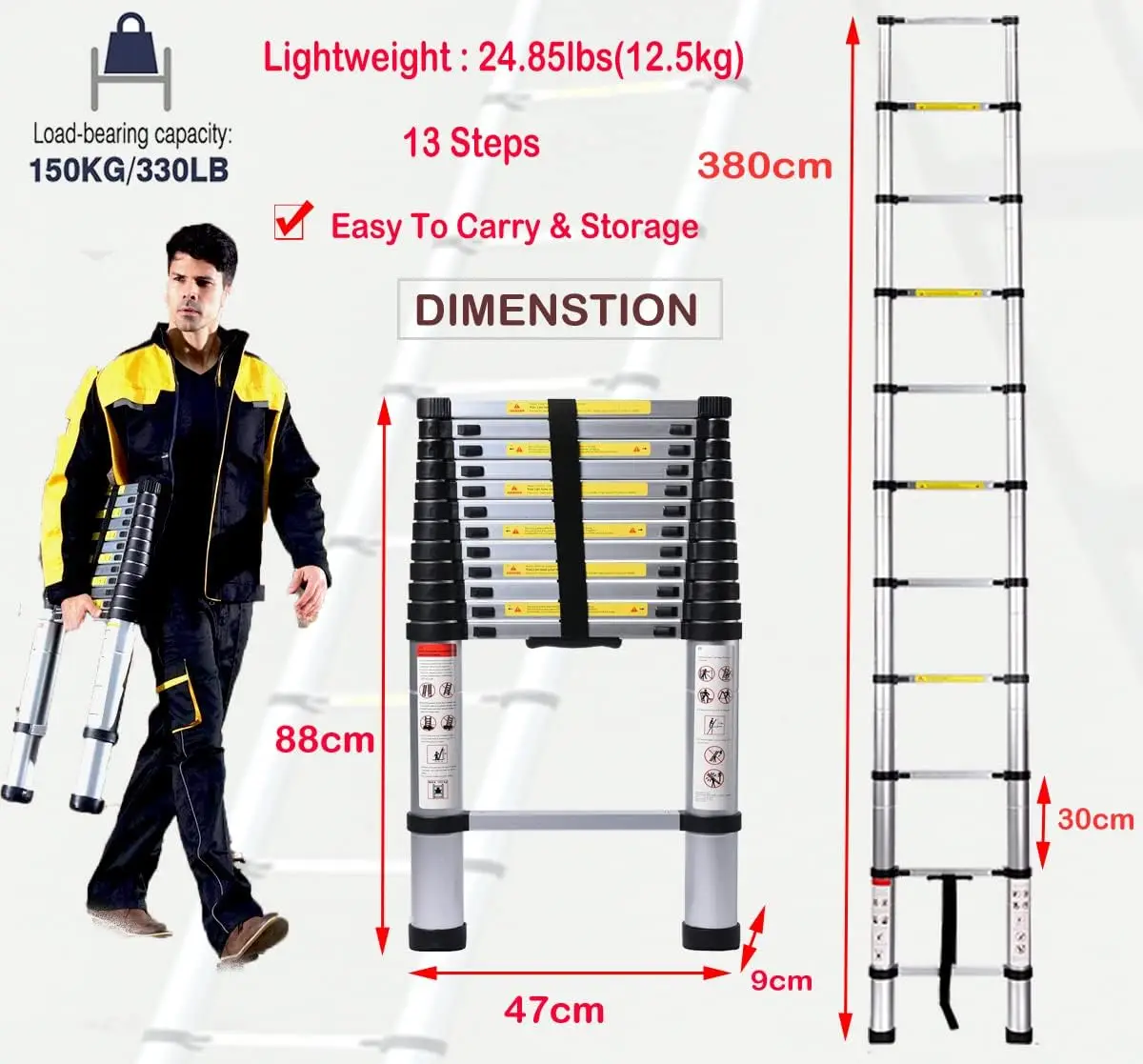 Aluminum Extension Telescopic Ladder Collapsable Folding Ladders with Certificate EN131 Max. Load 150kg/330lbs Lightweight 23.15