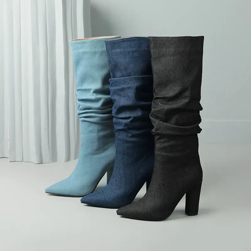 Charm Denim Jeans Blue Black Pointed Toe Stiletto Shoes Slip-on Winter Luxury Shoes Block High Heels Knee-high Women Boots