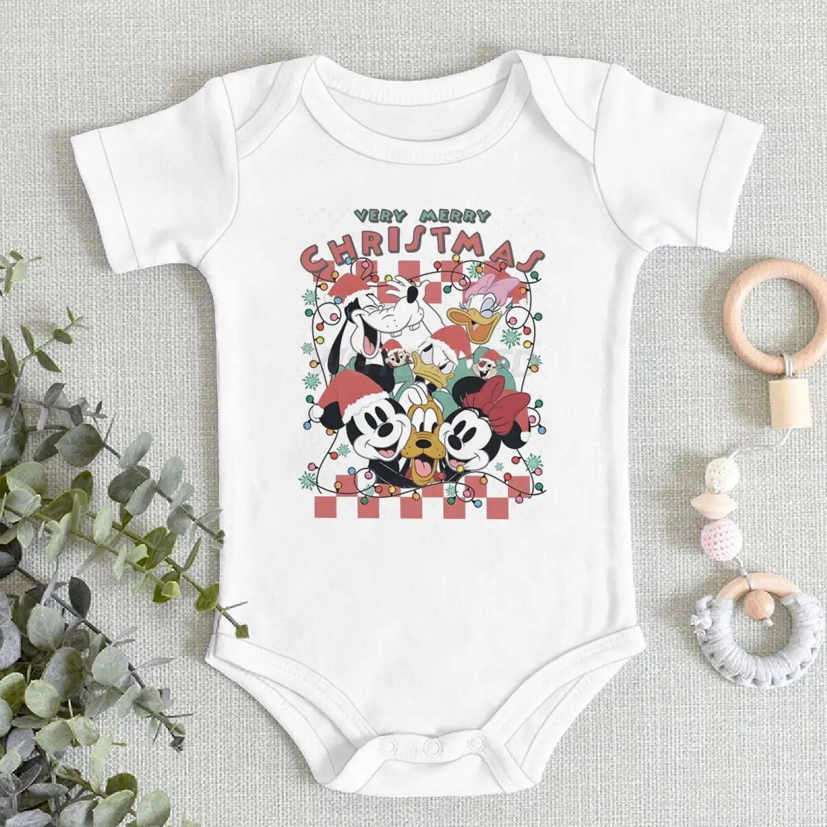 

100% Cotton Baby Girl Boy Jumpsuit Very Merry Christmas Mickey and Friends Baby Romper Christmas Party Gift Cartoon Kid Bodysuit