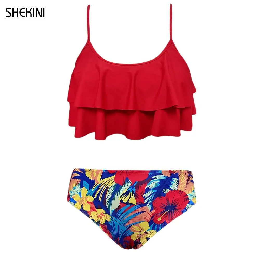 SHEKINI Girls Floral Printing Bathing Suits Ruffle Flounce Two Piece Swimsuits Kid Bikini Cute Children Beachwear Teen Swimwear