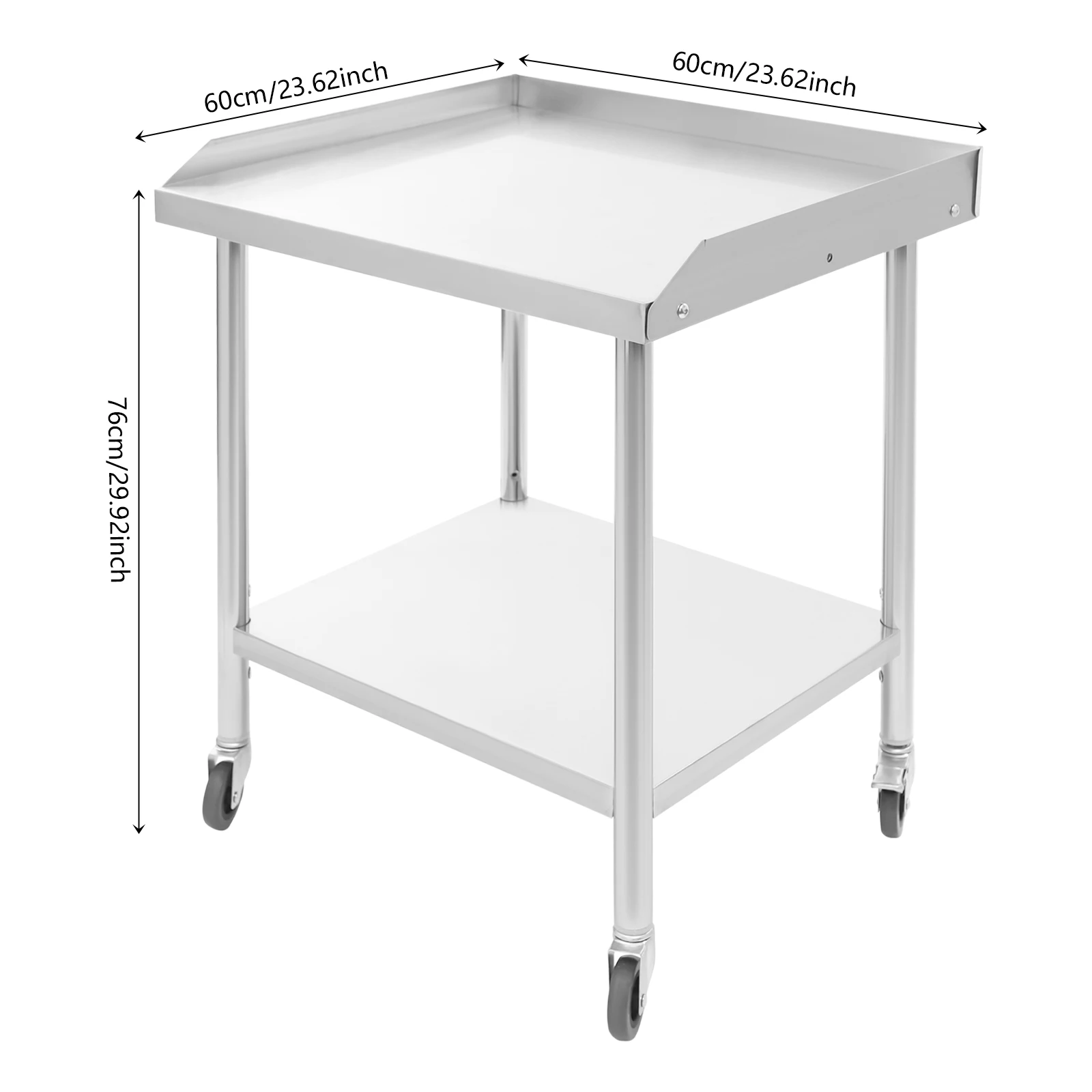 Table de travail à 2 niveaux en acier inoxydable 60x60x76cm, Table de préparation commerciale avec roulettes pour couper les légumes, couper la viande