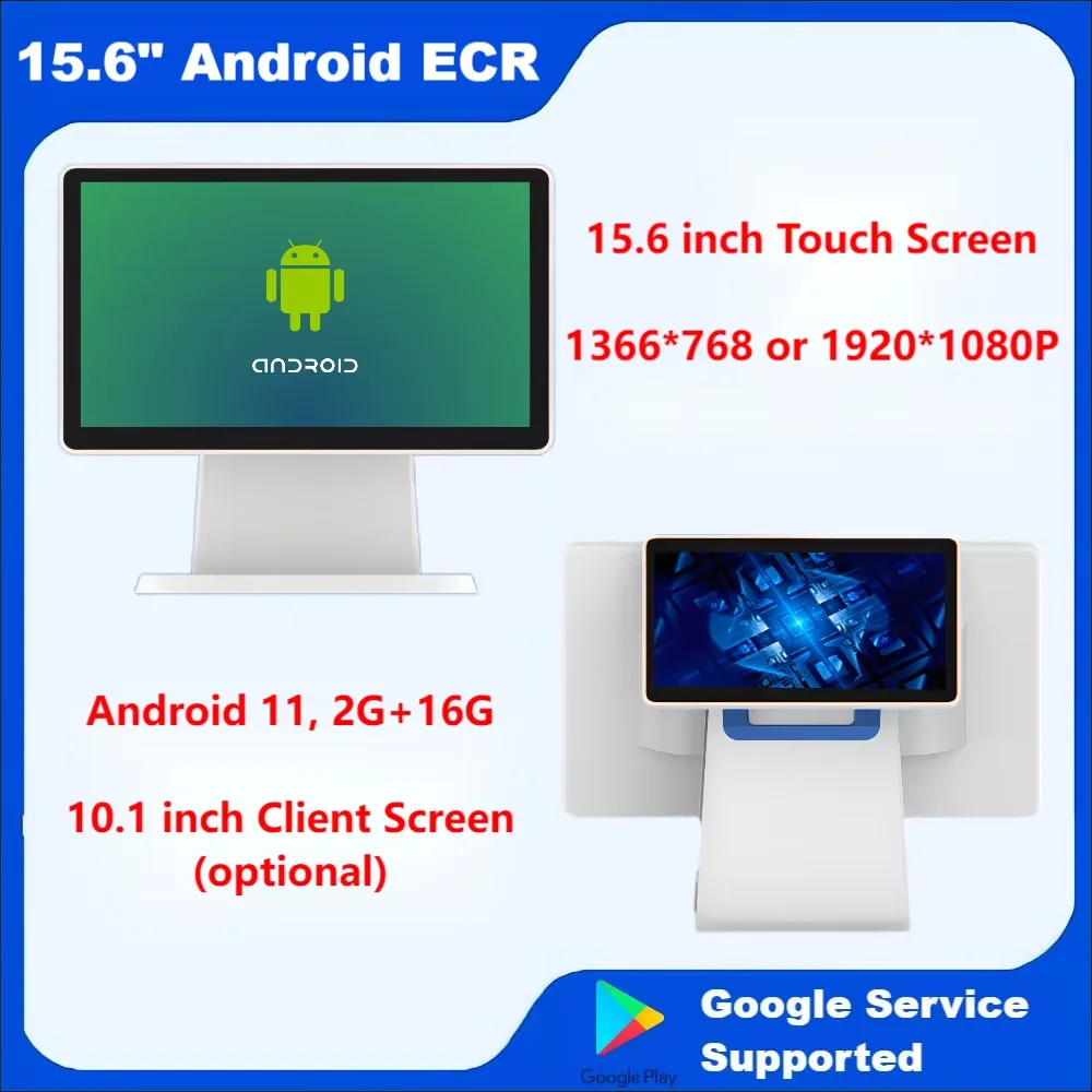 Terminal de point de vente Android à faible coût, caisse enregistreuse à écran tactile, 15.6 pouces, 1366x768P, écran client 10.1 pouces, Wi-Fi,