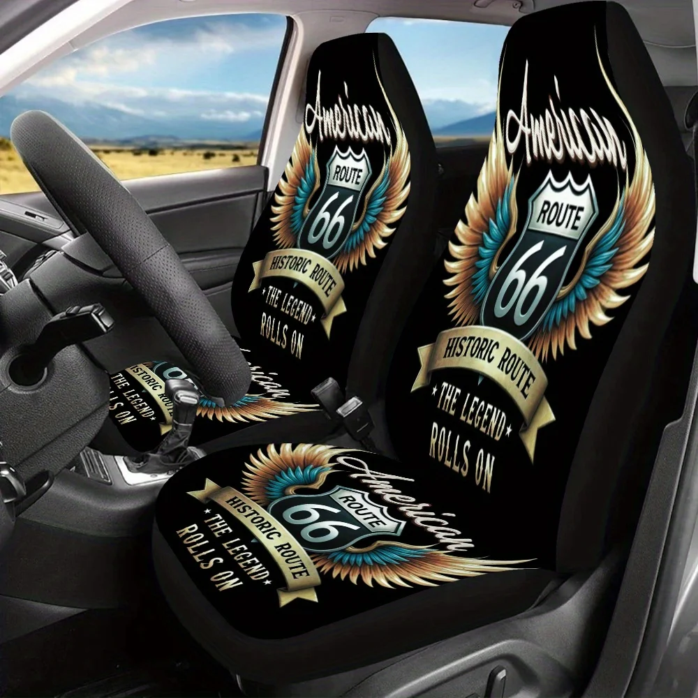 

2pcs Route 66 Legend Print Car Seat Covers For Men And Women, Universal Front Seat Protector For Cars, SUVs, Sedans, And Trucks