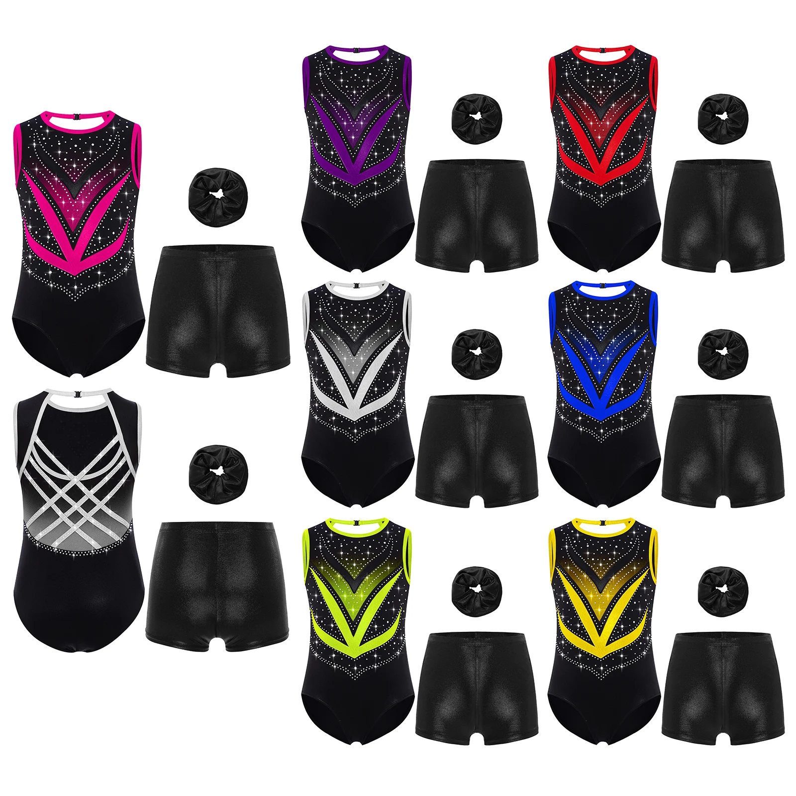 Kinderen Meisjes Kunstschaatsen Contrast Kleur Metallic Turnpakje Set Glanzende Steentjes met Shorts Haarband voor Acrobatiek Toneelshows