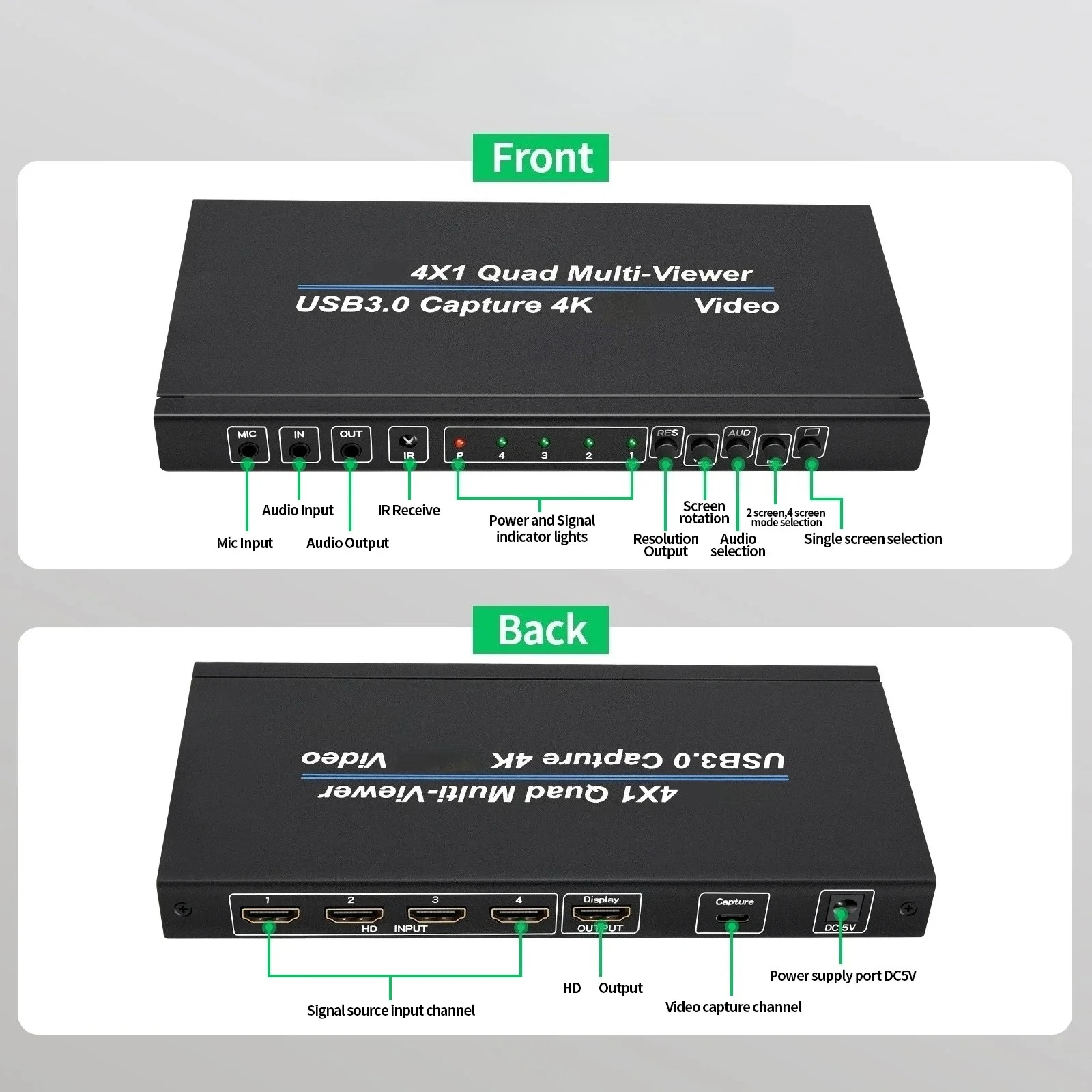 HD Quad Screen Multiviewer 4x1 4k USB3.0 Video Capture Card HD 4x1 Quad Multi-viewer Screen Splitter For PC live Streaming