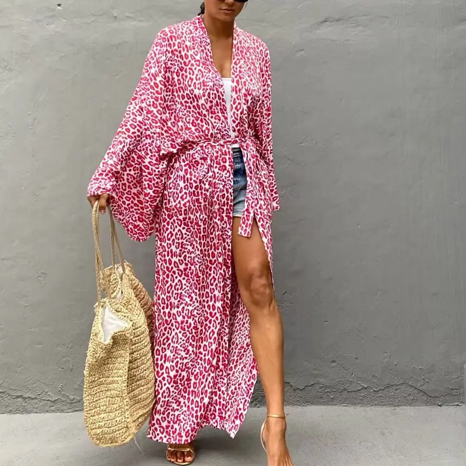 Leopard Print Beach Dress Tunic Cover up Embroidery Kaftan Saida de Praia Women Bikini Cover-up Pareo Sarong Beachwear