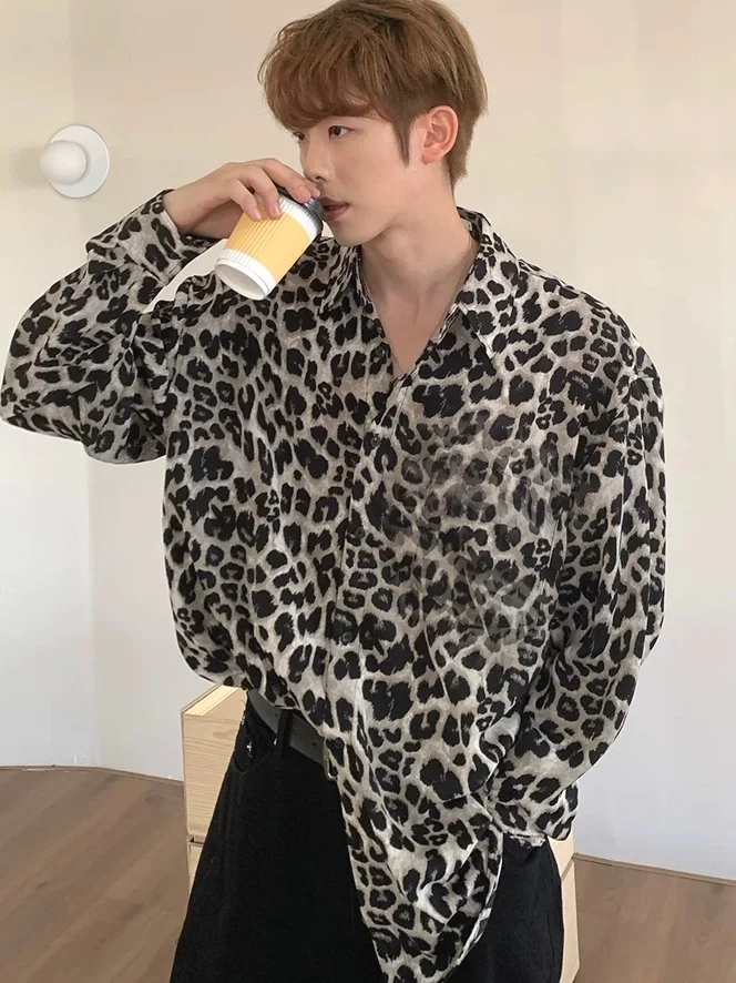 

American Vintage Leopard Print Long Sve Men's irt Smooth Ice Silk Loose Fit Trendy Printed Casual Faion Youth