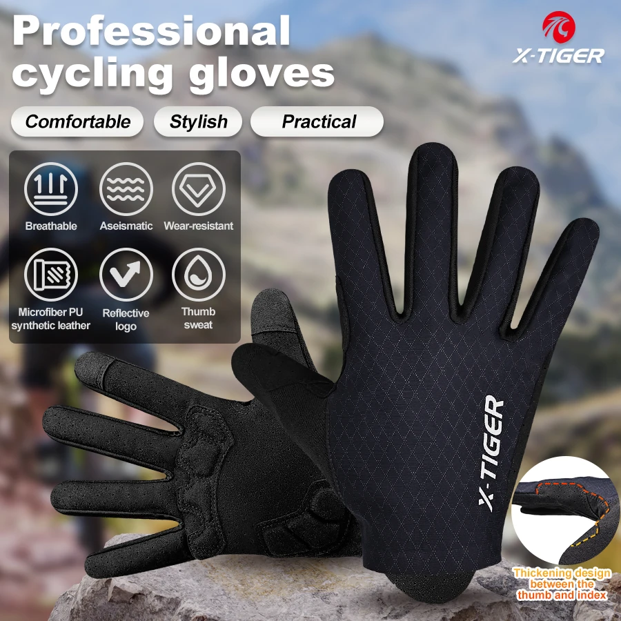 X-TIGER Spring and Autumn Thin Cycling Long Finger Gloves Shock Absorption Professional Touchable Outdoor Road Mountain Bike