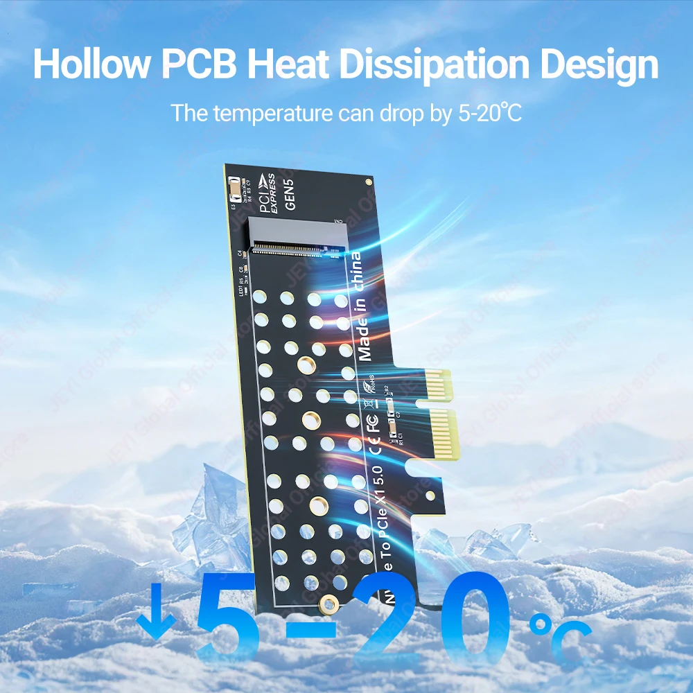 Jeyi pcie 5.0 x1 para m.2 nvme adaptador 32gbps velocidade para 2280/60/42/30 ssd oco para fora pcb resfriamento windows/linux/macOS compatível