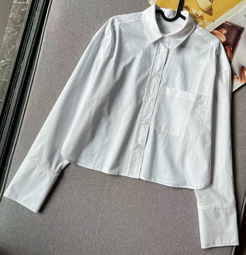

100%Cotton Shirts 2026 Spring Summer Style Women Turn-down Collar Big Pocket Patchwork Long Sleeve White Blue Loose Shirt Blouse