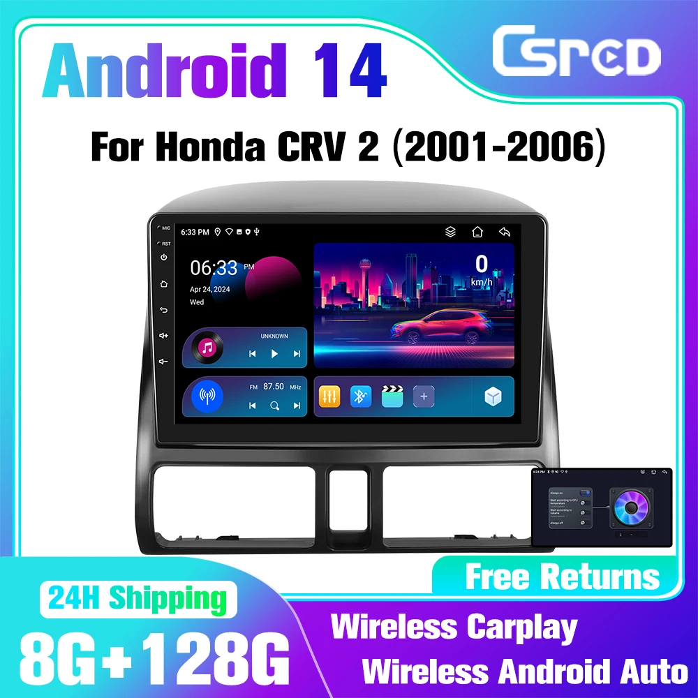 Csred 2 din Android 14 Auto Radio for Honda CR-V CRV 2 2001 - 2006 Car Radio Multimedia GPS Navigation ﻿wireless Carplay dvd