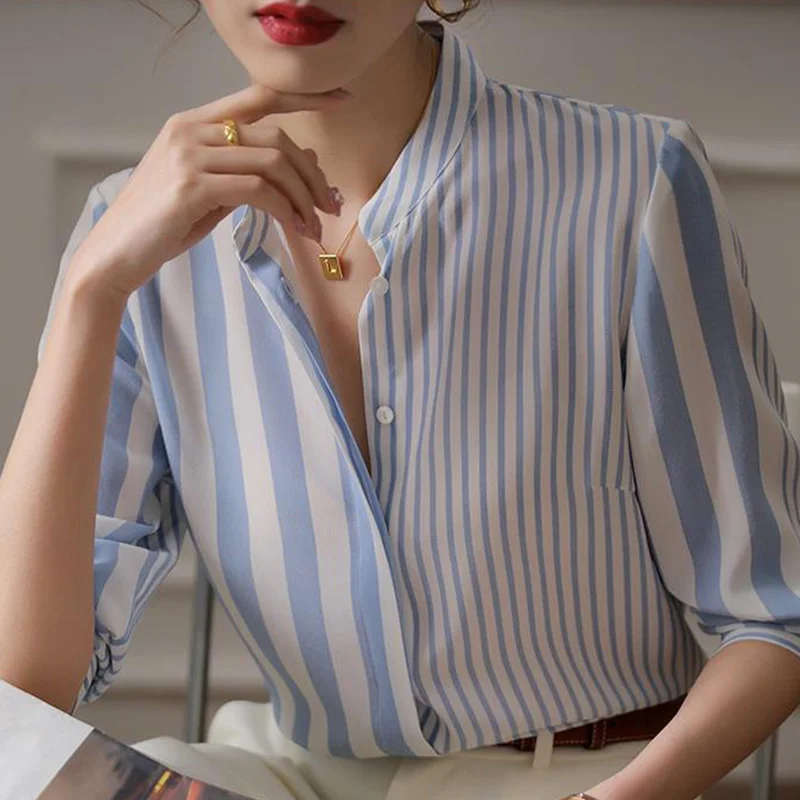 Summer Temperament Striped Stand Collar Long Sleeve Blouse Ladies Fashion Simplicity Buttons Thin Shirts Women Clothes Top Tee