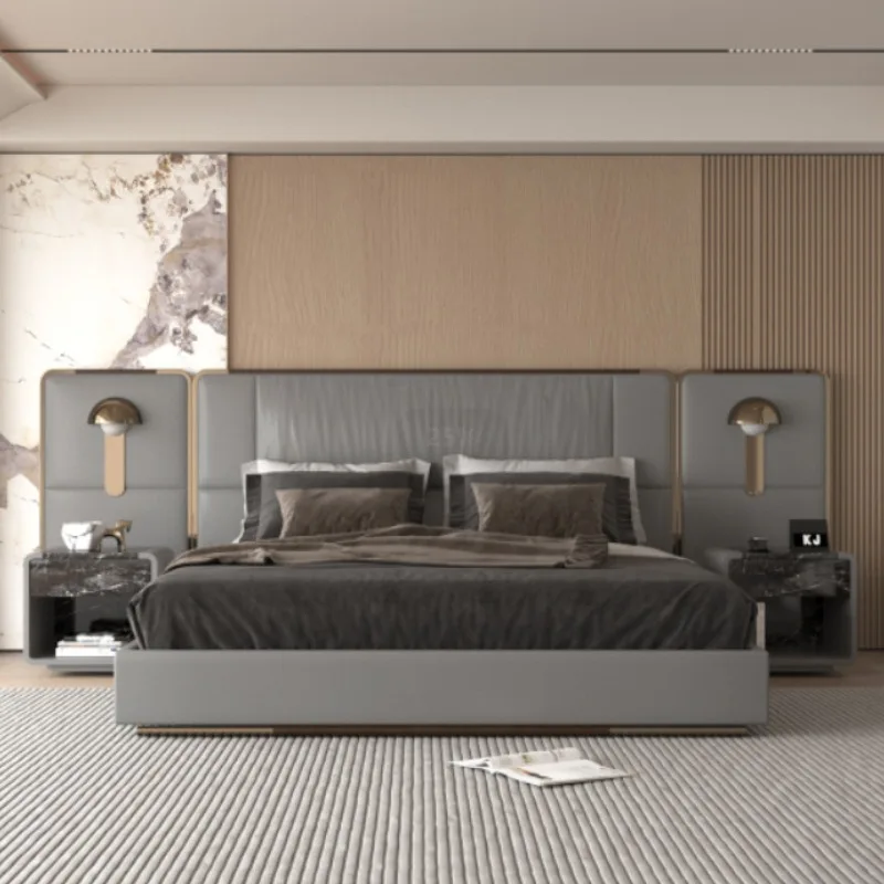 غرفة نوم رئيسية، تصميم عصري وبسيط، سرير مزدوج، حقيبة ناعمة، سرير فني من الجلد #2