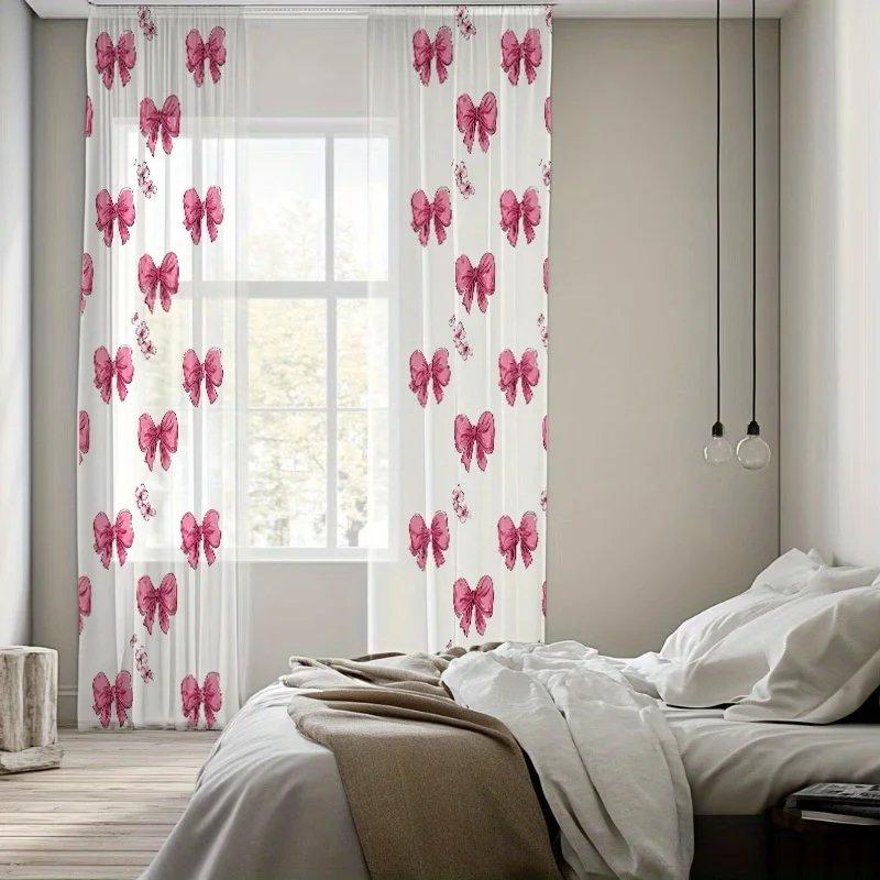 2PCS Digital Printed Sheer Curtain, Tiny Bow Ribbon Print, Cute Coquette Mini Bow Decor for Living Room Bedroom Home Decor