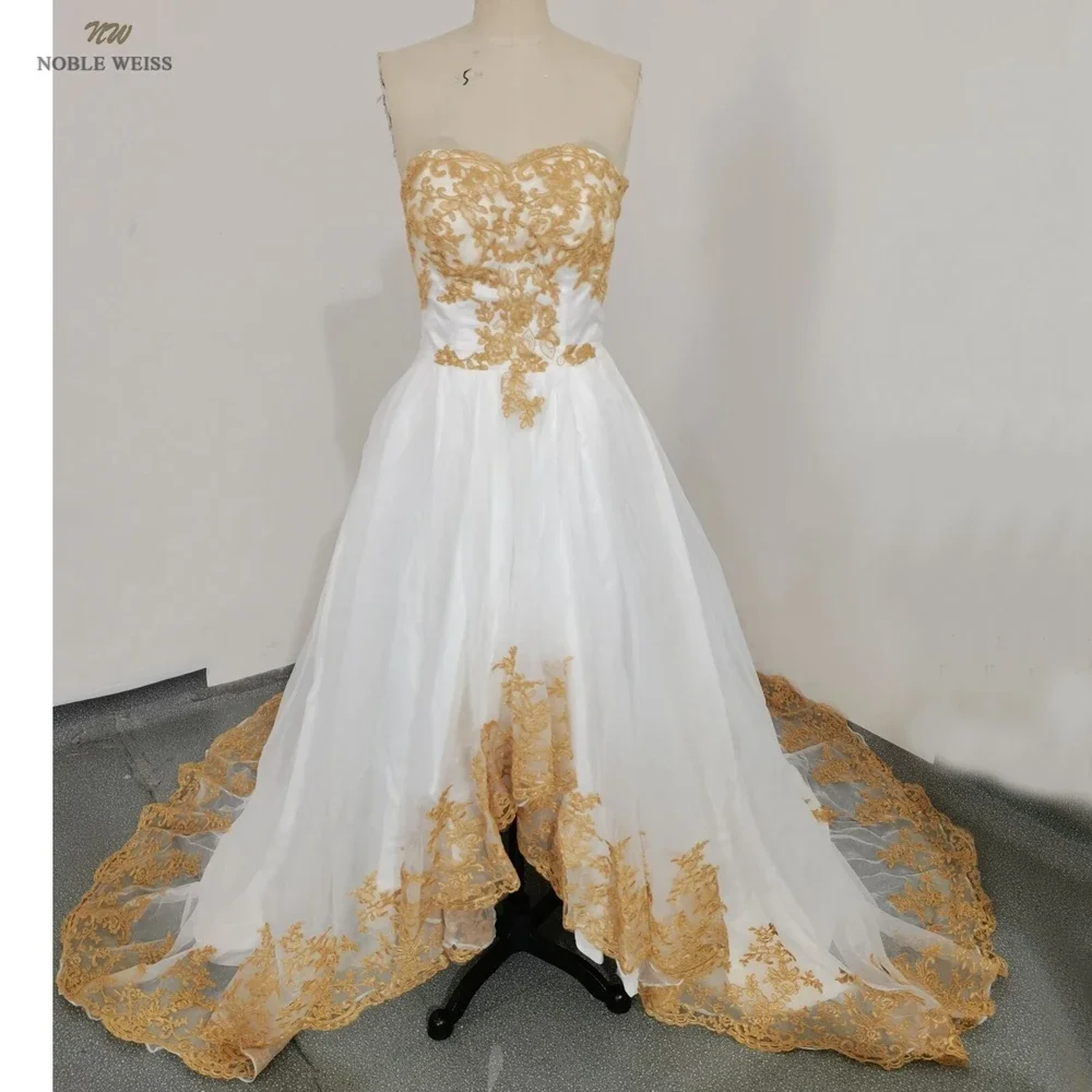 NOBLE WEISS Gold Appliques Evening Dress Strapless High Low Prom Dresses Organza Prom Gown Customized