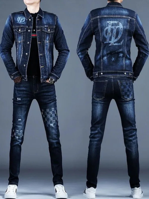 

Мужской модный облегающий джинсовый топ и джинсы в стиле ретро, комплект из двух предметов, одежда для езды на мотоцикле, осенняя коллекция