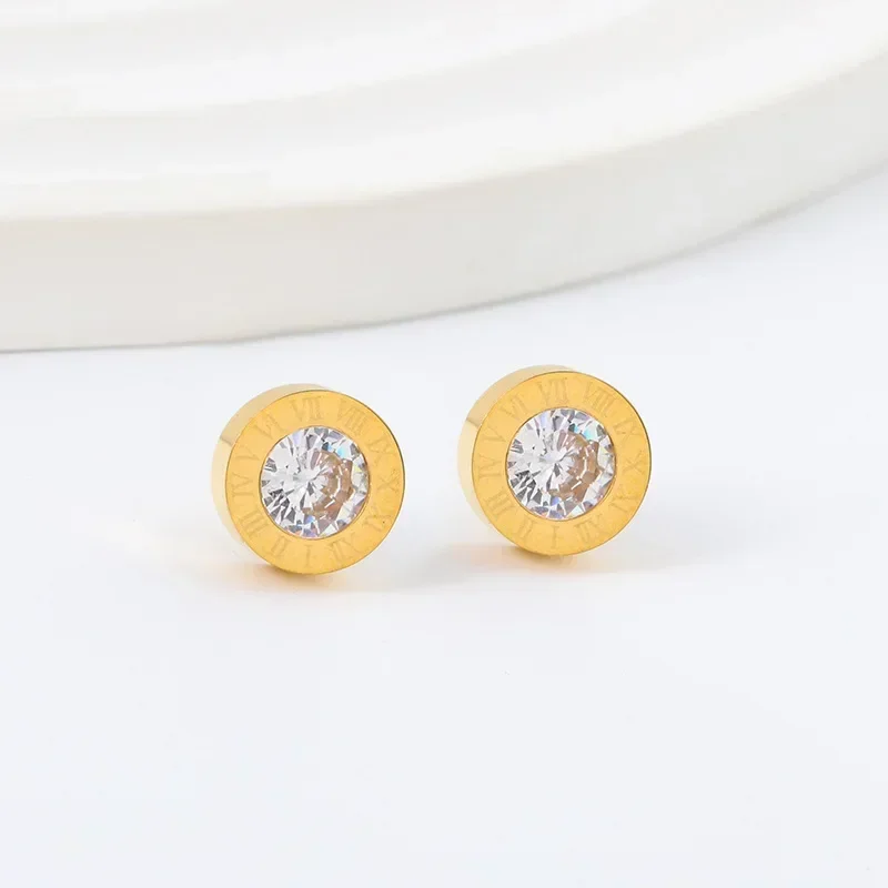 Korean Fashion Circular Zircon Inlay Roman Numerals Stainless Steel Earrings for Women Jewelry Gift