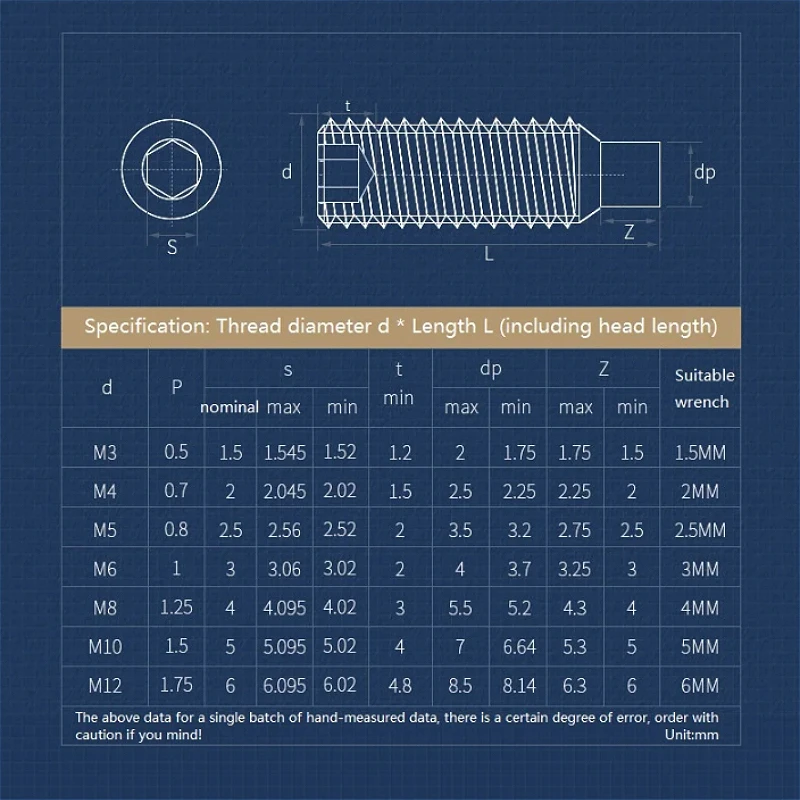 M2 M2.5 M3 M4 M5 M6 M8 M10 M12 304 Stainless Steel Hex Socket Grub Convex End Set Screw Headless Cylinder Hex Grub Screw