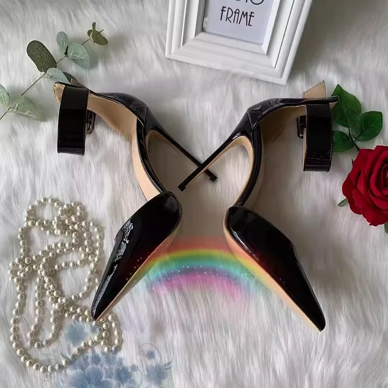 Black Patent Leather Pointed Hollow Belt Buckle Foot Ring with Bag Heel Women's 12cm Fine Heel Catwalk Cool Boots view 3