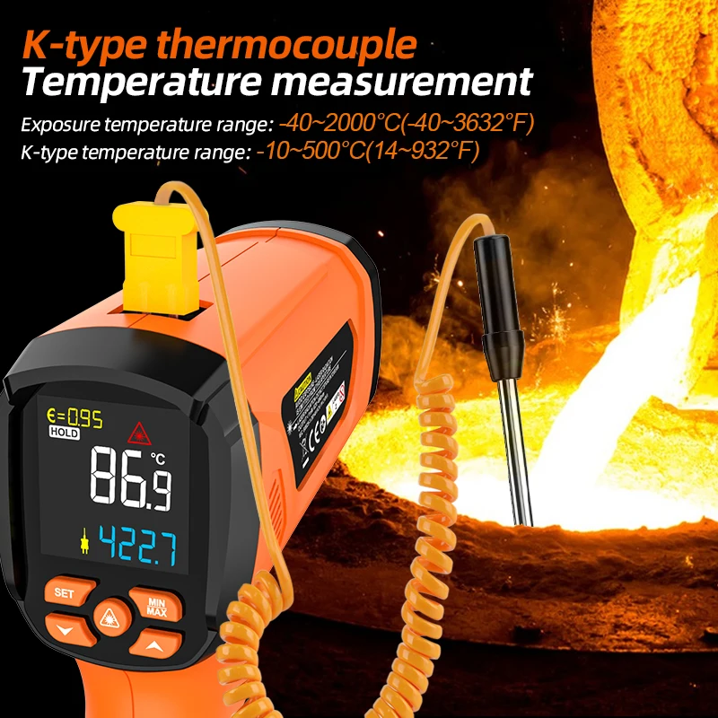 Mestek Non-contact Infrared Thermometer -40°C~2000°C IR High Temperature Meter 50:1 K-type Thermocouple Dual Laser Pyrometer