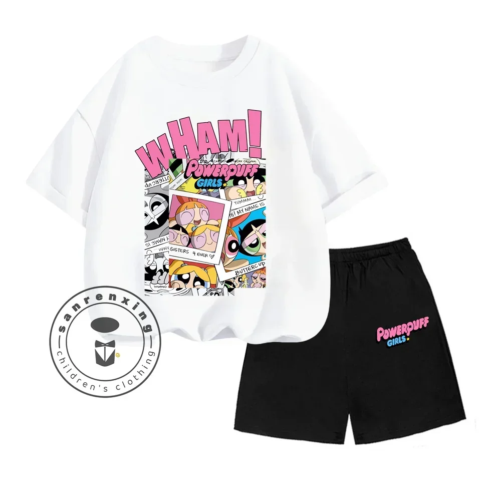 2025 3-13 Years Old Powerpuff Girls Cartoon Printed Set Summer Absorb Sweat Print Design T-shirt T-shirt+loose Edition Shorts