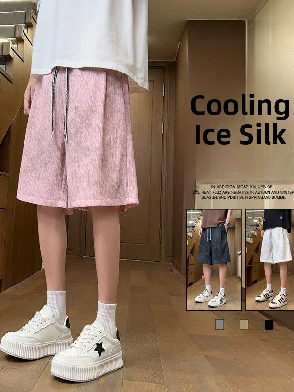 

Мужские шорты из ледяного шелка с эффектом тай-дай, тонкая верхняя одежда, быстросохнущие свободные пляжные брюки длиной до колена, повседневные прямые брюки