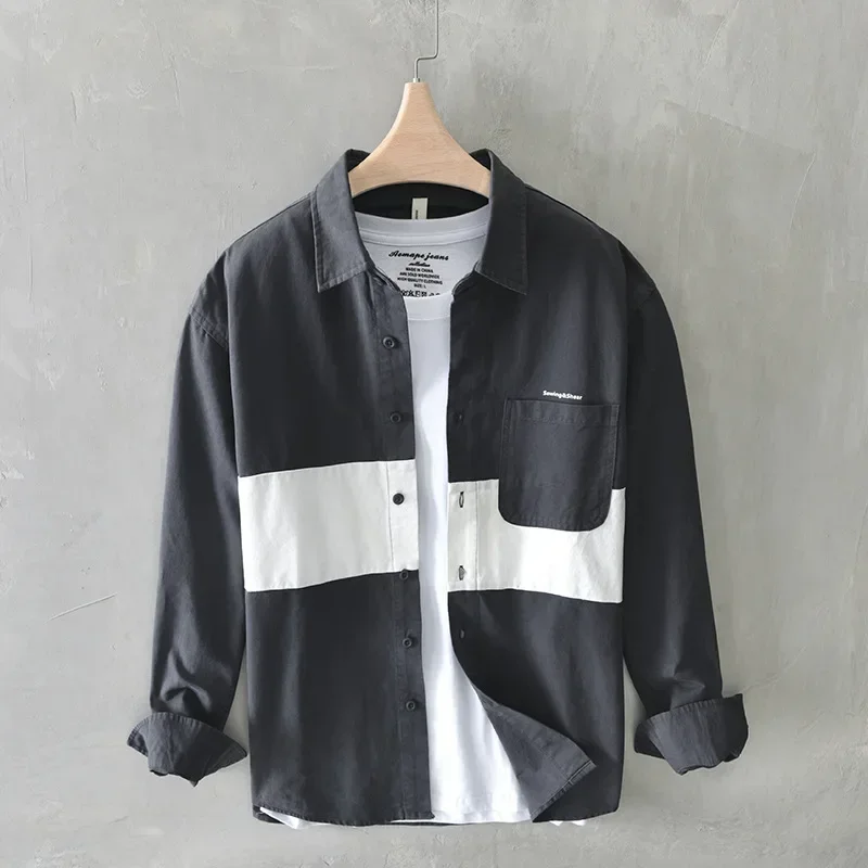 

Новая белая рубашка с длинным рукавом, мужская весенне-осенняя японская повседневная рубашка-карго из чистого хлопка, лоскутная свободная рубашка, молодежный модный топ