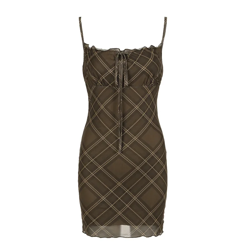 Women's Retro Plaid Sling Dress, New Mesh Stitching, Off-Neck, Backless, Lace-up Skirt, Hot Girl, American