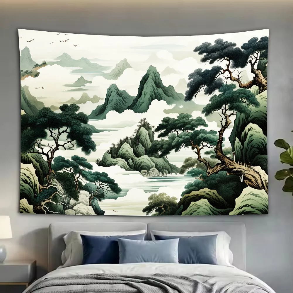 'Sea of Clouds and Green Pines' Wall Hanging, Vintage-style Blue-Green Ancient Pine Landscape Polyester Wall Hanging, Home Decor