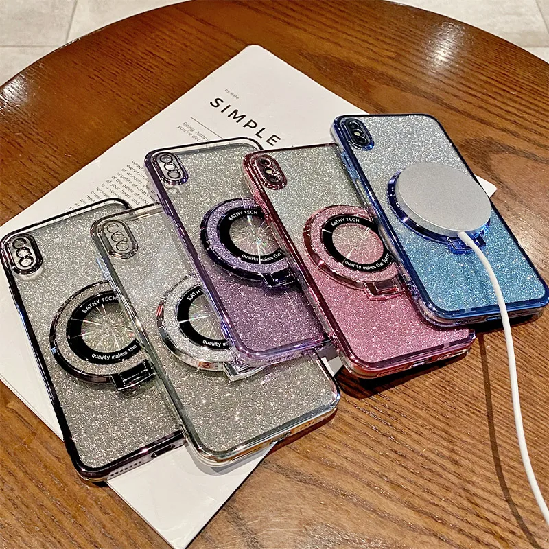 Phone Case For Motorola Moto G13 G54 G32 G84 G73 G72 G60 G53 G52 G50 G42 G31 G8 Glitter Magnetic Wireless Charging Holder Cover