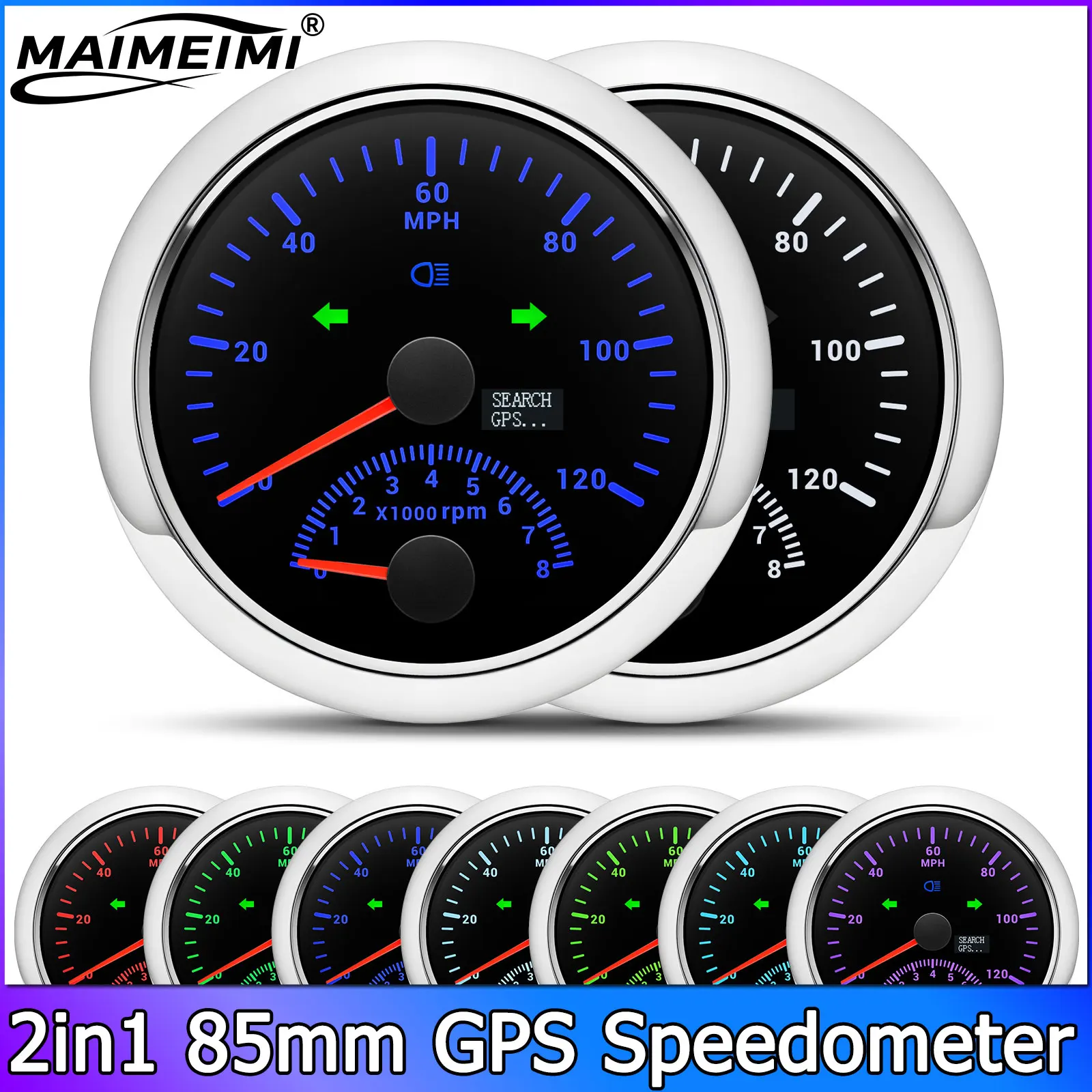 

7 Colors Backlight 2in1 120MPH 85mm GPS Speedometer With GPS Antenna 8000RPM Tachometer Car Truck Speed Gauge Meter 9-32V