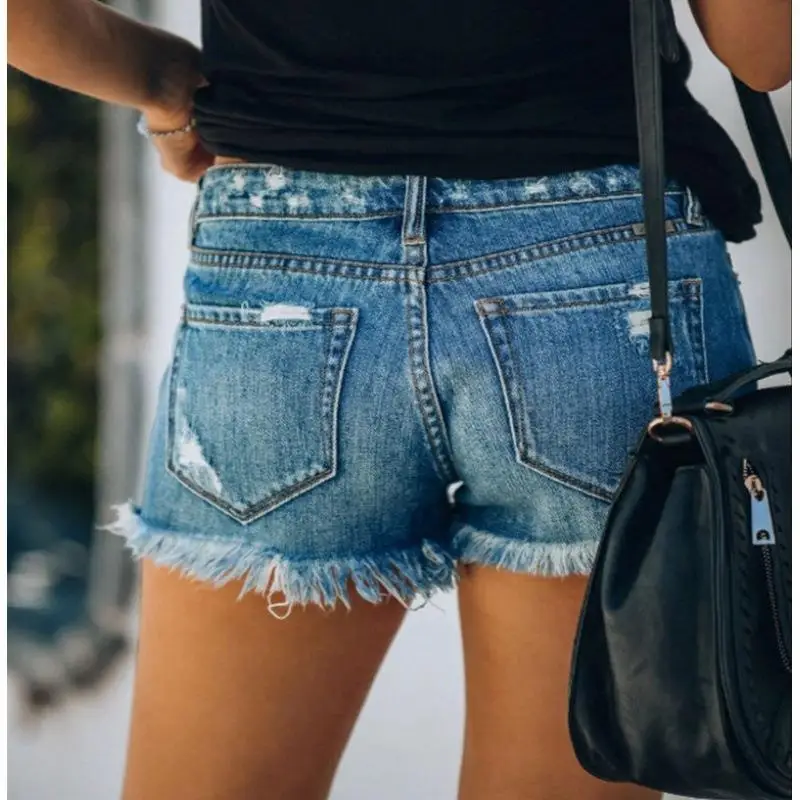 Ripped Distressed Jeans Shorts Denim Washed Tassel Button High Waist Holes Spliced Vintage Pockets Sexy Slim Fit Streetwear