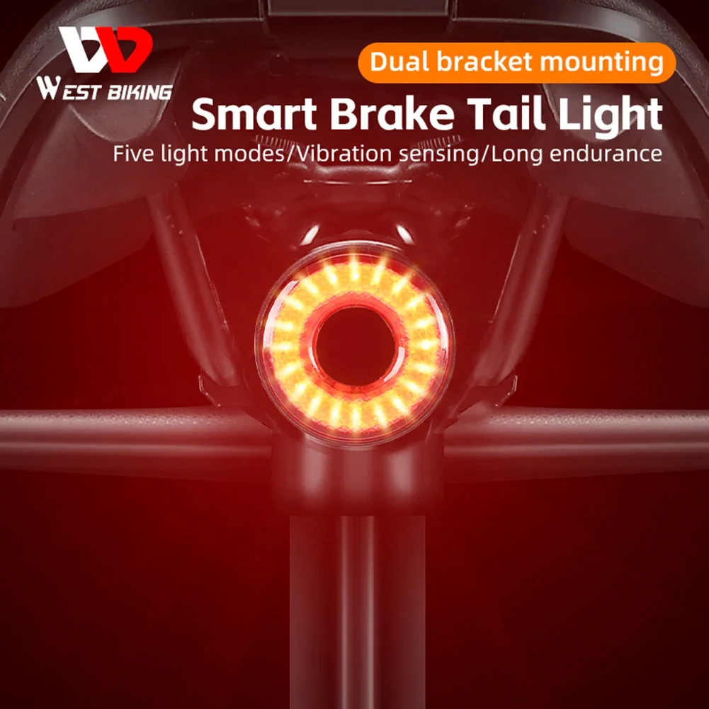 WEST BIKING Bicycle Taillight LED 400mAh Bike Smart Sensor Brake Tail Light Type-C USB Rechargable Waterproof Cycling Equipment