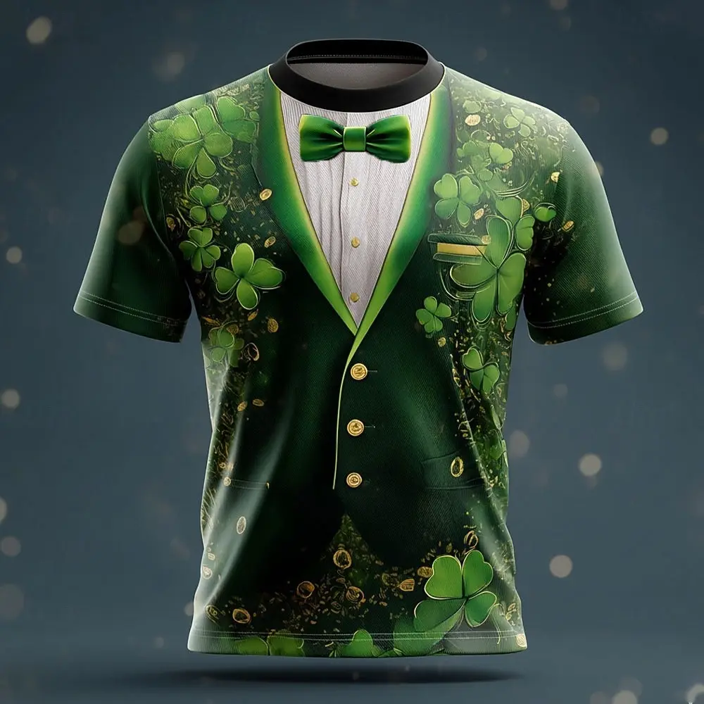 St.Patrick’s Day Fake suit Green 3D Printed Mens Short Sleeve T-Shirt Sports Casual Lucky Clover Unisex Clothes T-Shirt Tops