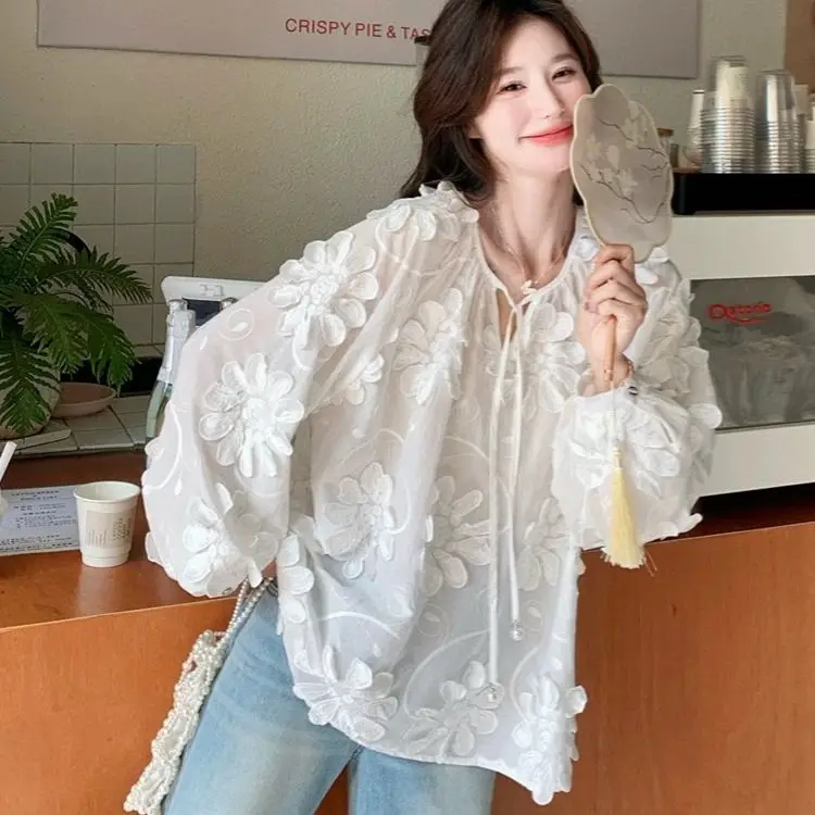 

Designer Heavy Embroidery 3D Flower Long Sleeve Blouse Women's 2025 Spring/Summer New Fashion Top
