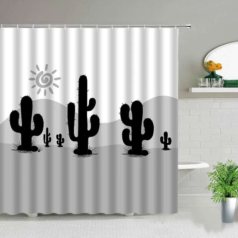 Hand Painted Black And White Tropical Plant Cactus Flower Shower Curtain Bathroom Decor Screen Waterproof Bath Curtain With Hook