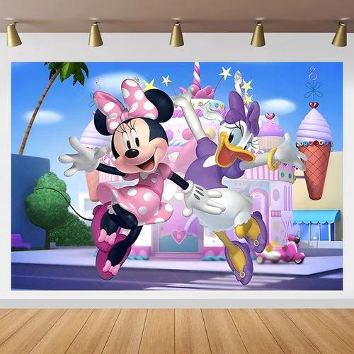 Imagen 2 del producto Disney Minnie Mouse Daisy Duck Backdrop Girl Birthday Party Background Pink Flower Banner Vinyl Photography Photo Studio Props