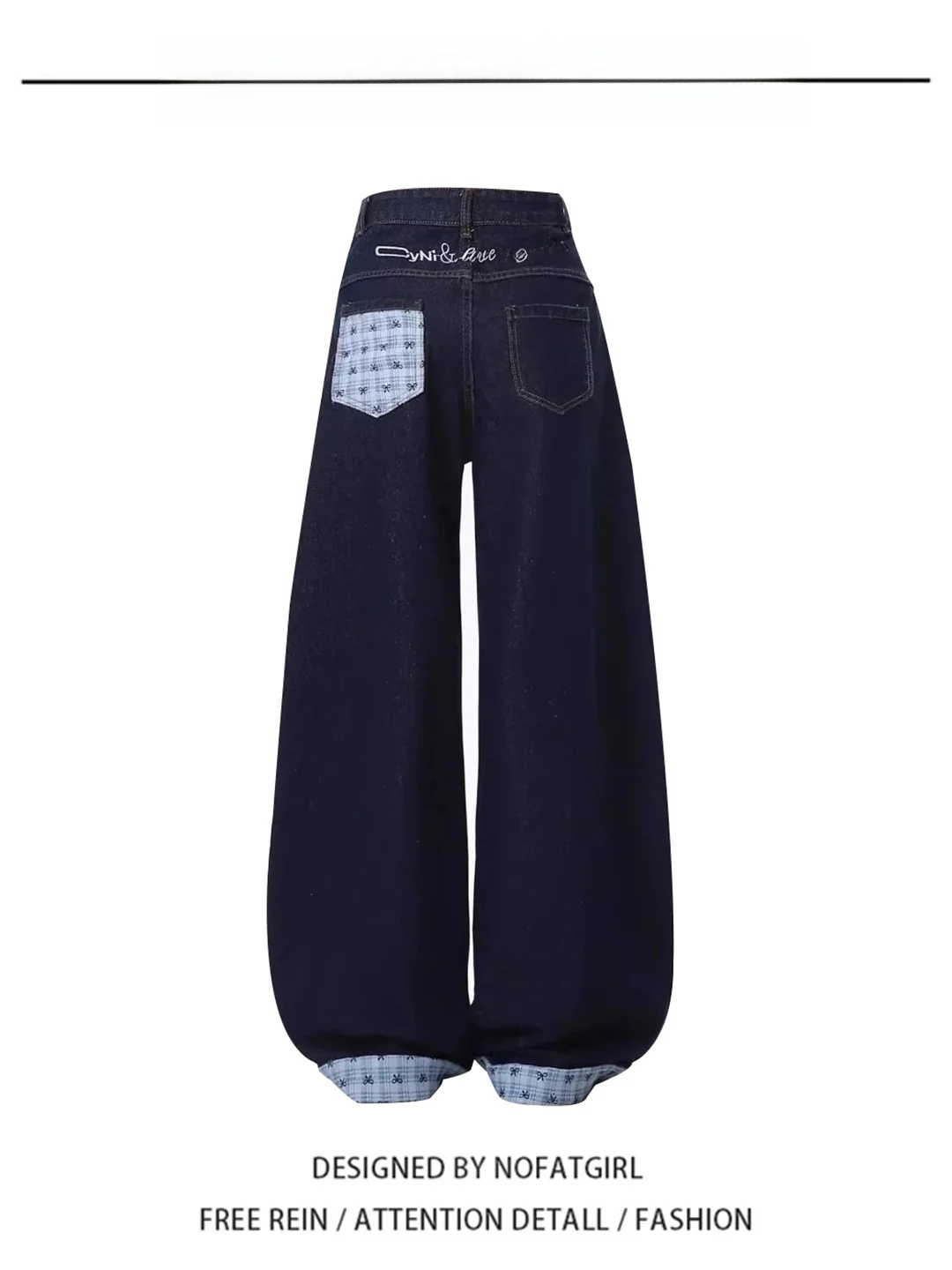 

Универсальные джинсы с высокой талией и прямым кроем, свободные, в американском стиле, с клетчатым пэчворком и узловым декором, женские