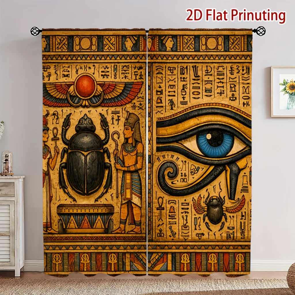 2pcs Egyptian Eye of Horus Scarab Curtains Gold Hieroglyphs Ancient Mythology Living Room Bedroom Home Decor Window Drapes