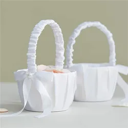 20 cm White Flower Girls Basket Silk Wedding Basket for Flower Bride Girls Kids Hand Held Wedding Ceremony Party Decorations